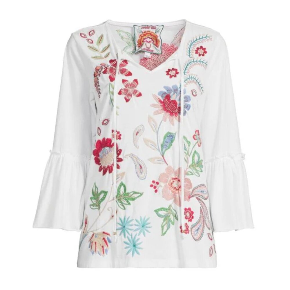 NWT Johnny Was Freyde Ruffle Sleeve Embroidered T-Shirt XS BOHO GYPSY FESTIVAL
